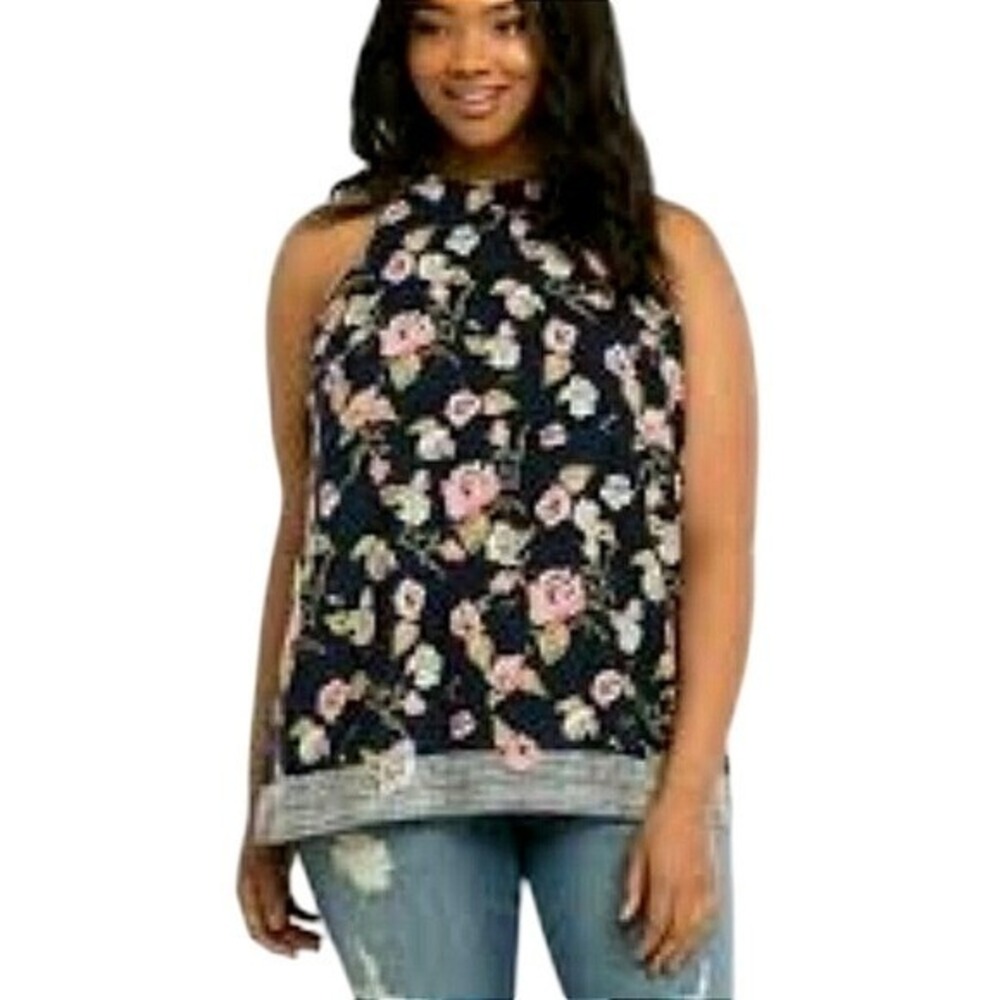 Torrid Womens Boho Navy Pink Floral Sleeveless Round Neck Breezy Blouse 3X Flowy